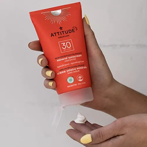 ATTITUDE Mineral Sunscreen, Broad Spectrum UVA/UVB, Reef-Friendly, Hypoallergenic, Vegan and Cruelty-free, SPF 30, Unscented, 5.2 Oz
