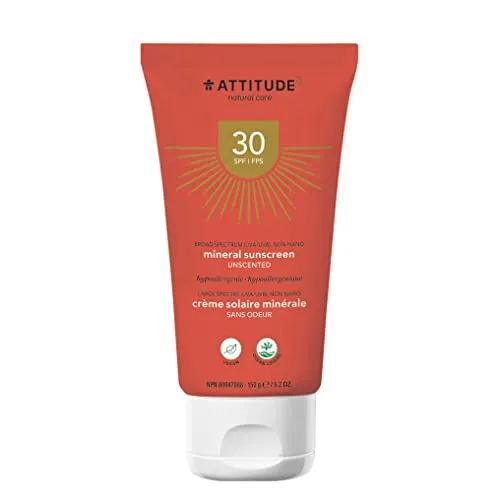 ATTITUDE Mineral Sunscreen, Broad Spectrum UVA/UVB, Reef-Friendly, Hypoallergenic, Vegan and Cruelty-free, SPF 30, Unscented, 5.2 Oz