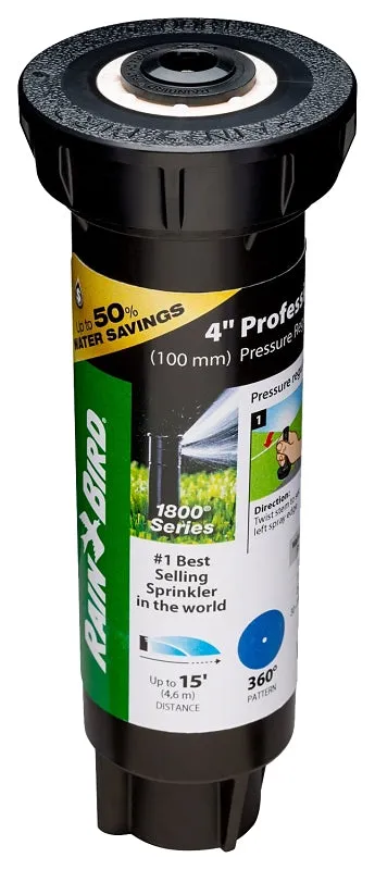 Rain Bird 1800 1804FDSP25 Pressure Regulated Pop-Up Sprinkler, 1/2 in Connection, FNPT, 4 in H Pop-Up, 8 to 15 ft :EA: QUANTITY: 1
