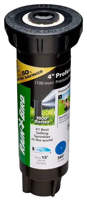 Rain Bird 1800 1804FDSP25 Pressure Regulated Pop-Up Sprinkler, 1/2 in Connection, FNPT, 4 in H Pop-Up, 8 to 15 ft :EA: QUANTITY: 1