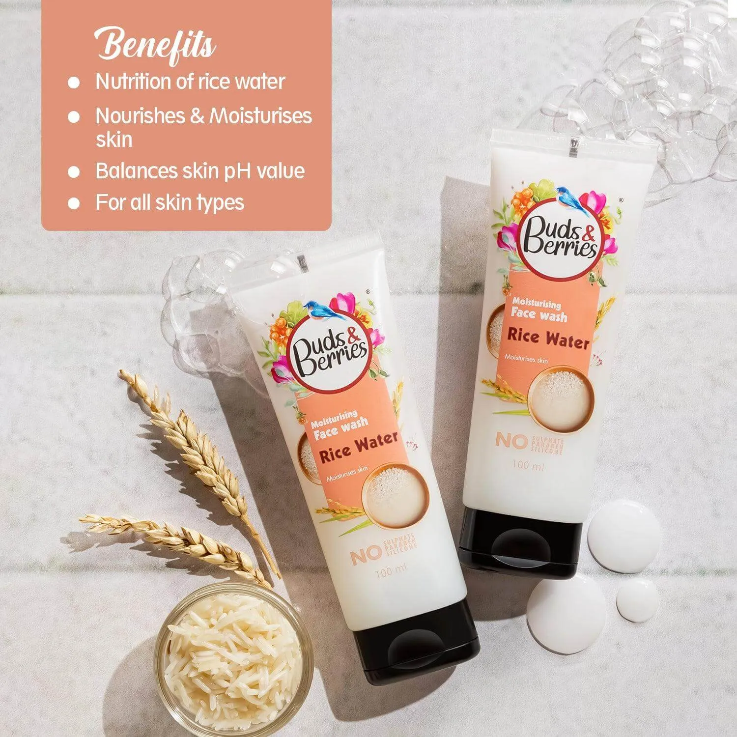 Rice Water Face Wash Tube For Soft, Bright & Clear Skin | pH Balanced Gentle Face Wash| No Sulphate, No Paraben (100 ml)